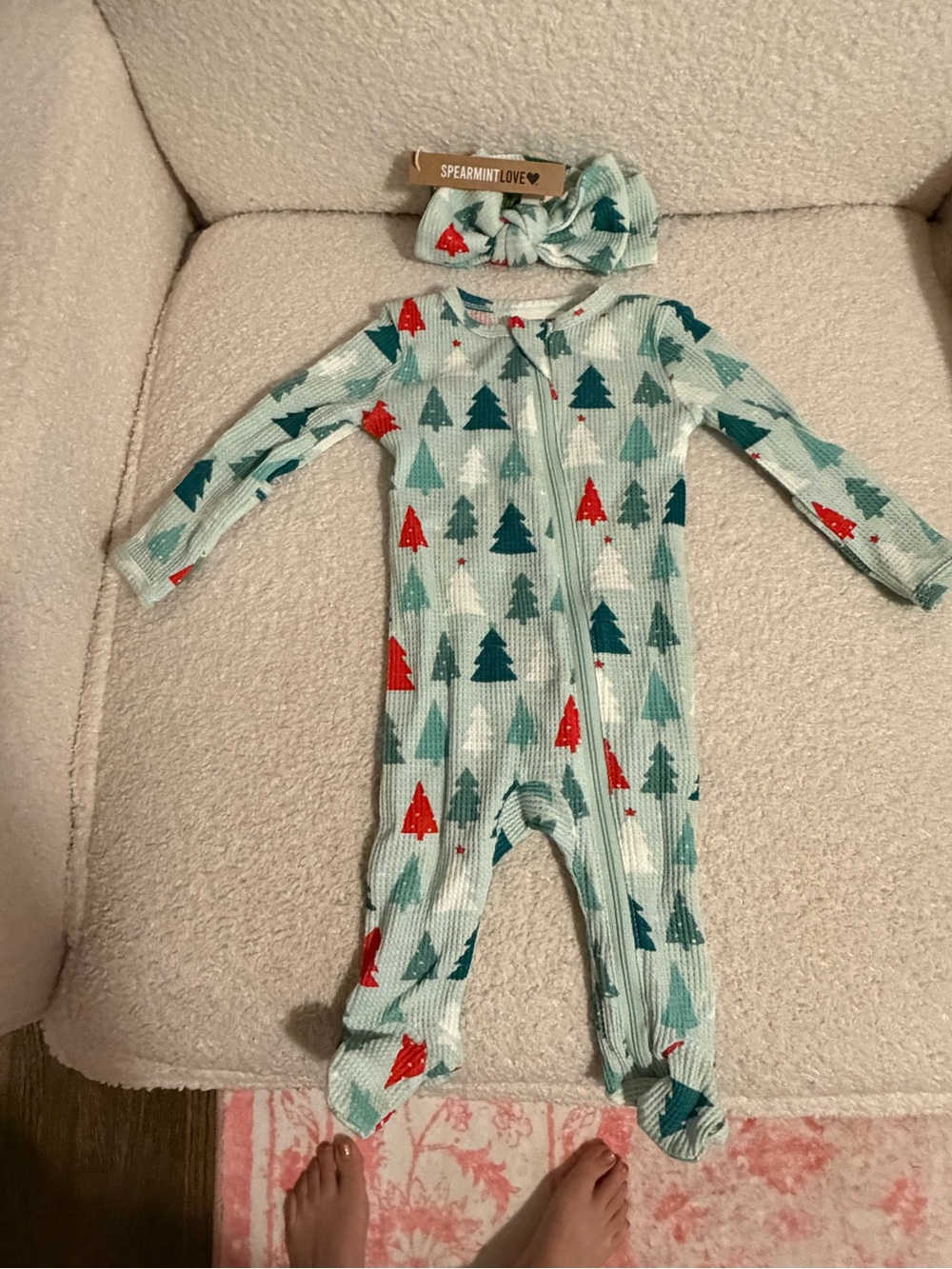 Spearmint Love Holiday Tree Print One-Piece with Headband - Green & Red